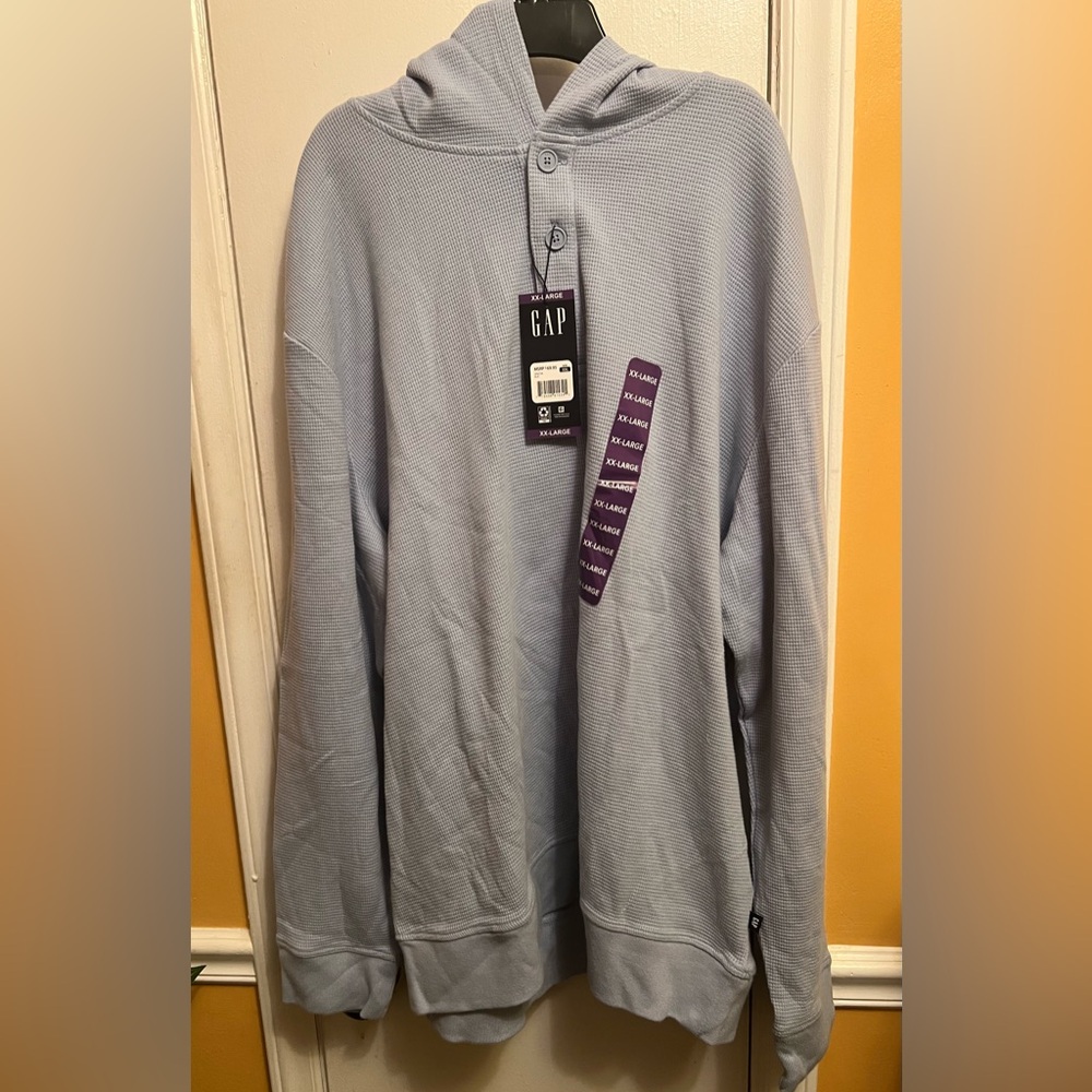 Hooded Waffle Henley hoodie. Sleeve from armpit 181/2” length from shoulder 32”